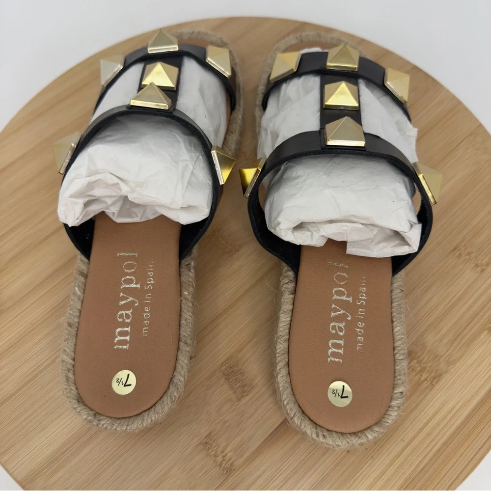 Maypol Black Leather Studded Espadrille Sandals | Size 7.5 | Made in Spain‎